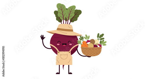 Friendly Beetroot Farmer With a Basket of Freshly Harvested Vegetables Illustration