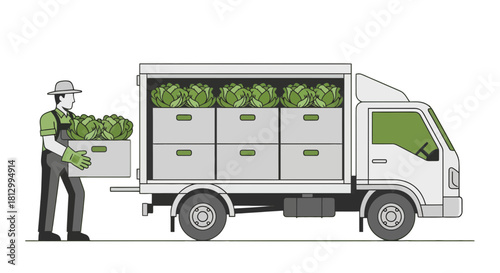 Fresh Produce Distribution in a Delivery Truck with a Farmer Delivering Cabbage