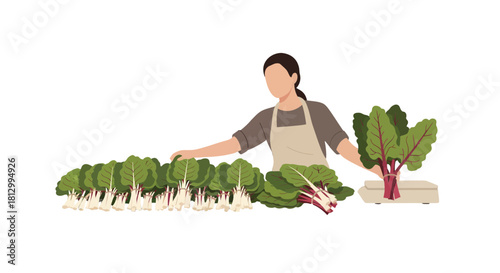 Fresh Produce Farmer Displaying Harvested Greens for Sale During Farmers Market Activity