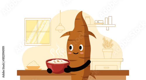 Friendly Cassava Character Serving a Bowl of Hot Food In a Cozy Kitchen