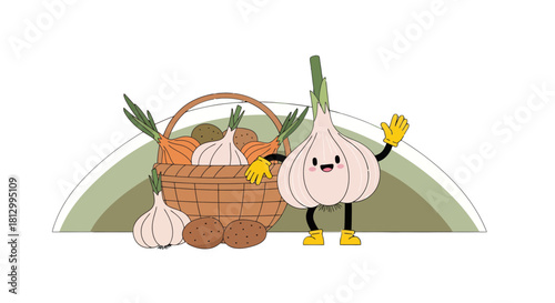 Friendly Garlic Welcomes Viewers To A Bounty Of Freshly Harvested Root Vegetables Display