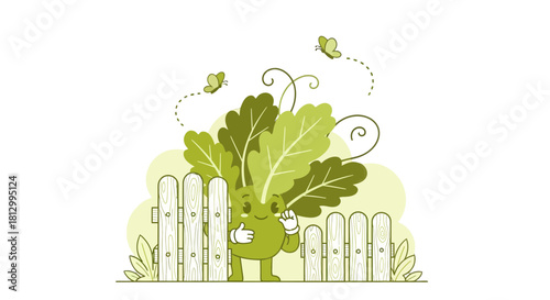 Friendly Green Character in Garden With Butterflies and Fence Scene Illustration Art