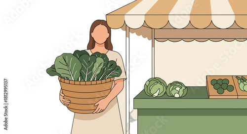 Fresh Produce Market: Colorful Illustration of Vegetables and a Woman with Basket