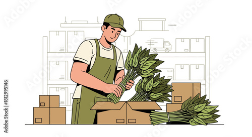 Fresh Produce Packer At Work, Preparing Herbs for Shipment and Delivery in a Warehouse