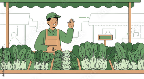 Friendly Green Grocer Welcoming Customers At His Fresh Produce Stall