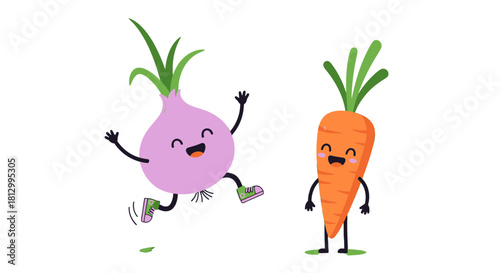 Friendly Onion And Carrot Cheerfully Posed Against A Dramatic Black Background