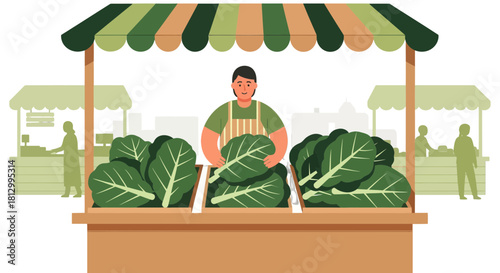 Fresh Produce Vendor at Vibrant Farmers Market, Showcasing Leafy Greens and Freshness