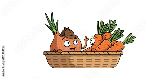 Friendly Onion With Hat And Carrots Basket Illustration On Black Background