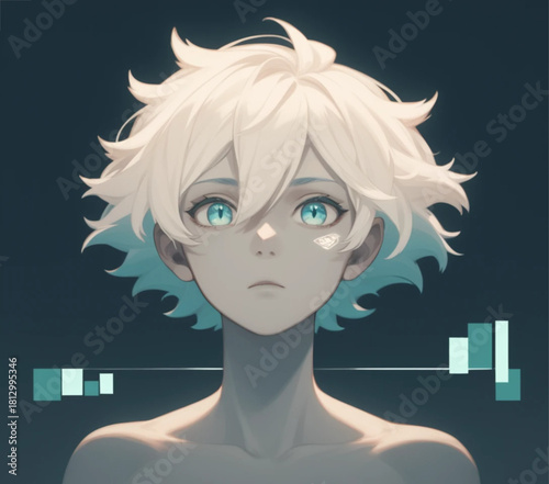 A beautifully rendered digital art portrait of a futuristic youth with luminous blue eyes, platinum white hair, and abstract geometric elements on a dark background