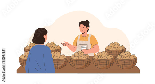 Fresh Produce Vendor Interacting With Customer, Food Market Illustration