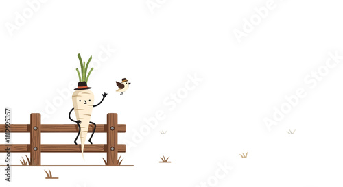 Friendly Parsnip Greets Charming Bird Near Wooden Fence in Playful Illustration
