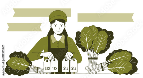 Fresh Produce Vendor Offering Greens and Pricing On Display At The Farmers Market