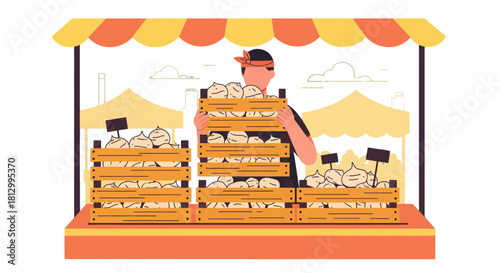 Fresh Produce Vendor Presents Piles Of Goods At A Vibrant Stall During The Daytime.