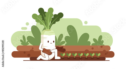 Friendly Radish Character Tending Small Sprouts In A Delightful Garden Setting