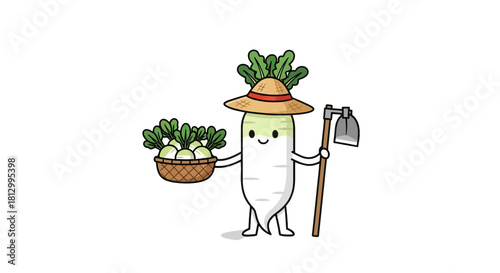 Friendly Radish Farmer with Harvest Basket and Hoe on Black Background