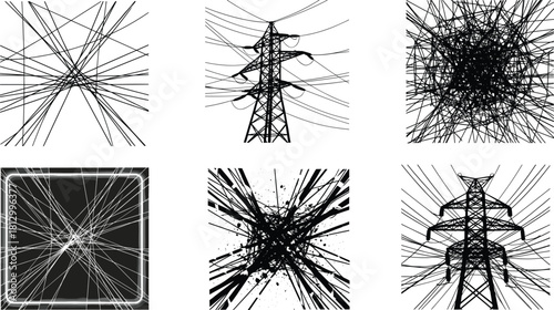 Abstract power line network illustration with chaotic electrical wires, high voltage transmission tower silhouette, energy grid complexity, modern infrastructure artwork"