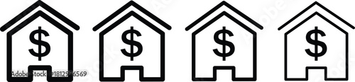 House With Dollar Sign Icon, Real Estate House Price, Black house icon with a white dollar sign white background.

