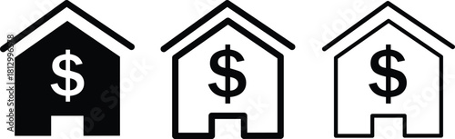 House With Dollar Sign Icon, Real Estate House Price, Black house icon with a white dollar sign white background.
