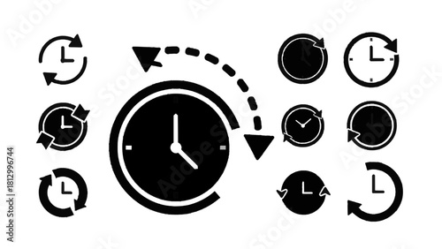 Vector illustration of set of black and white clock and time related icons showing history, refresh, deadline, and duration isolated on transparent background 