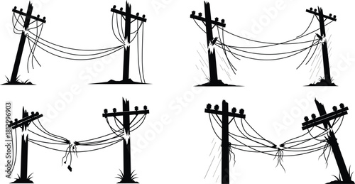 Broken utility poles vector set, damaged power lines illustration, collapsed electrical infrastructure silhouettes, fallen wooden poles artwork, outage hazard graphics