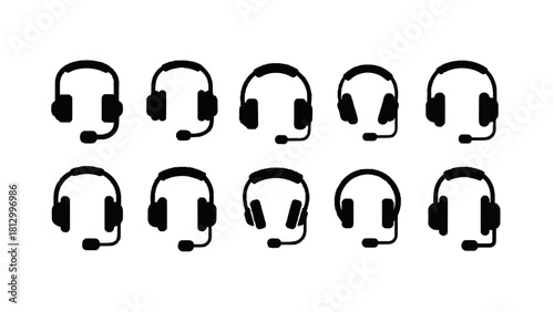 Vector illustration of set of ten different black silhouette icons representing various styles of headset with microphone isolated on transparent background 