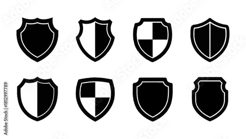 Vector illustration of set of eight black and white shield icon collection for security and protection design element isolated on transparent background