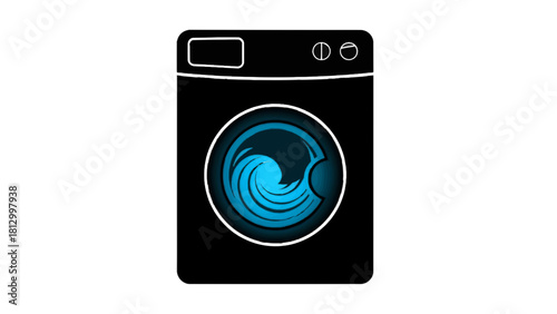 Vector illustration of black washing machine icon with glowing blue water swirl inside the drum, isolated on transparent background 