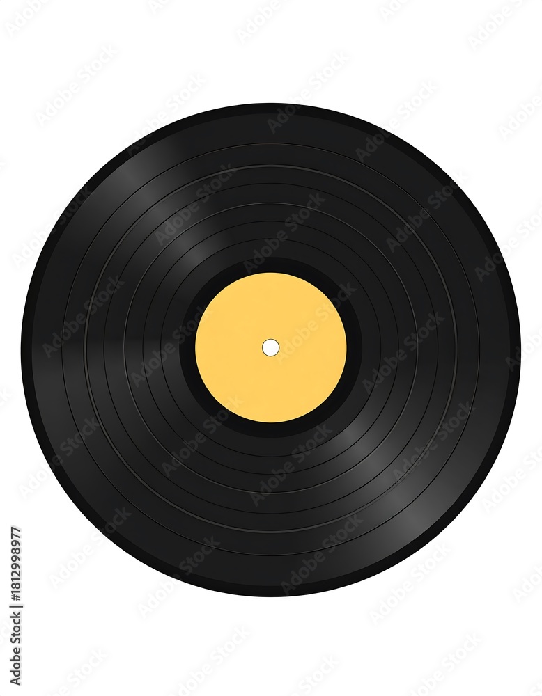 Obraz premium Black vinyl record with yellow center label on white background.