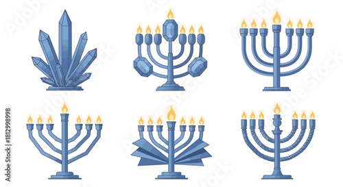 Crystal Facet Hanukkah Menorah Icons — Minimal Geometric Vector Set