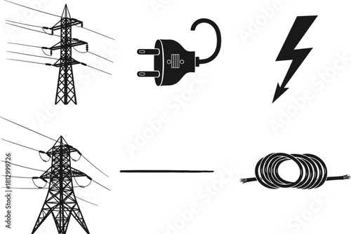 Electric power line vector icons featuring transmission towers, plug connector, lightning bolt, straight cable wire and coiled wire in black silhouette