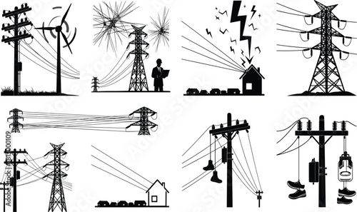 Electric power lines, utility poles, transmission towers and wind turbine silhouettes illustrating energy distribution, urban electricity network and industrial infrastructure concept
