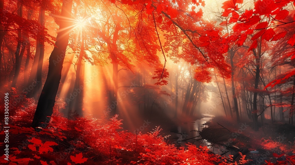 Fototapeta premium Path of Light Through the Crimson Forest