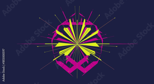 A vibrant abstract geometric pattern of neon yellow and magenta lines, forming a dynamic starburst against a deep indigo background, ideal for digital art.