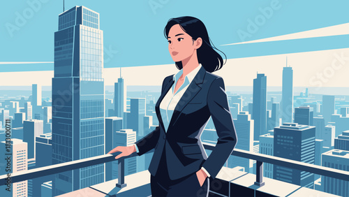 Ambitious Businesswoman Overlooking City Skyline