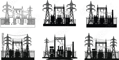 Electric power substation silhouette with high voltage towers, industrial energy grid infrastructure illustration, electrical distribution station vector design