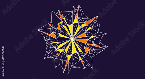 A vibrant abstract geometric starburst design featuring intricate polygonal structures and radiant yellow-orange facets against a deep purple background, symbolizing innovation.