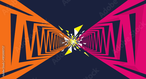 This modern abstract background features a dynamic geometric tunnel with vibrant orange and pink pathways converging in an energetic light explosion.
