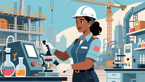 Female Engineer or Scientist Working in a Lab at a Construction Site