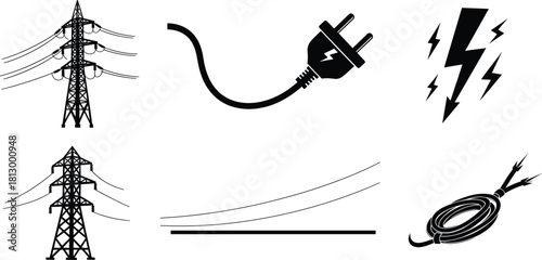 Electric power transmission icons with high voltage towers, energy plug, lightning symbols, cable lines, and coiled wire illustration for electricity industry design