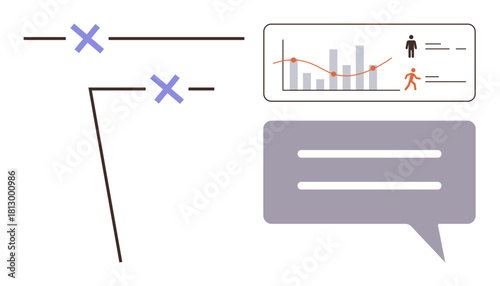 Crossed paths alongside a chat bubble and a graph with analytics. Ideal for collaboration, communication, analysis, navigation, organization, integration, and teamwork. Simple flat metaphor