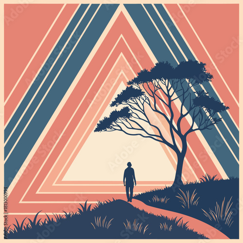 Lone Figure Walking Towards a Tree Under Geometric Sunset