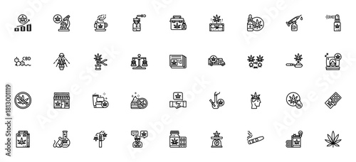 Cannabis icon set. Vector illustration. Includes symols for profit, cbd, marijana, laboratory, medical, ape, skincare, law, shippig and more. Editable strok.