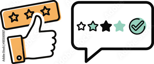Outline Vector Icons: Thumbs Up, Star Ratings, and Review Bubble