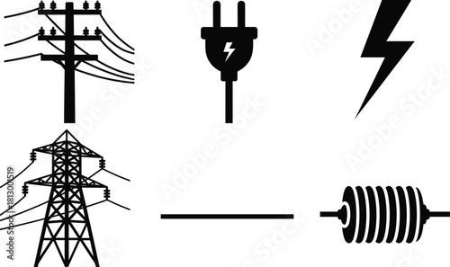 Electric power utility icon set featuring transmission tower, power pole, plug symbol, lightning bolt, cable line, and electrical coil in black silhouette style