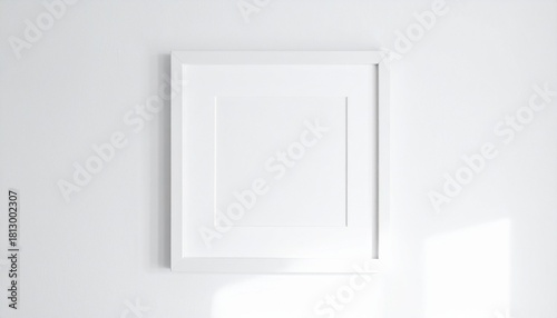 Minimal empty square white frame picture mock up hanging on white wall background with window light and shadow. isolate image