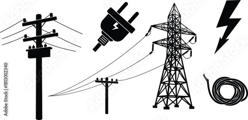 Electric utility pole, power plug icon, high voltage tower, transmission lines, lightning bolt symbol and coiled electric wire black silhouette illustration set