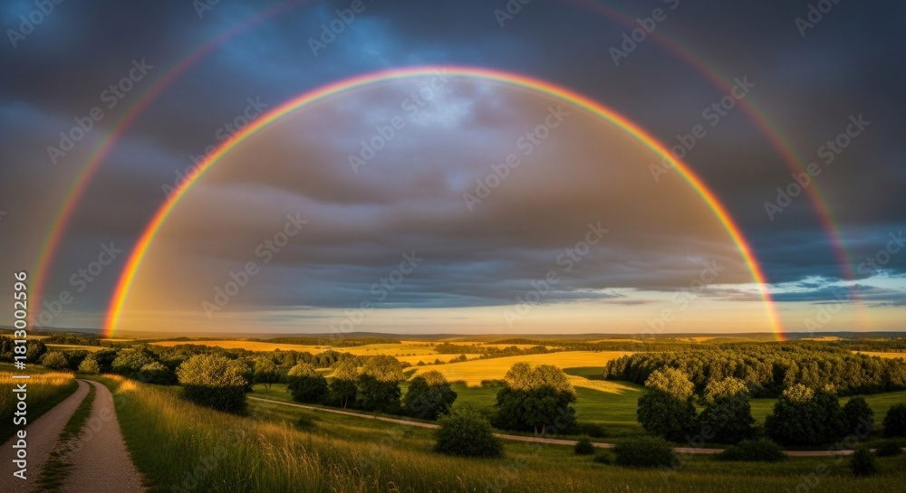 Naklejka premium Double rainbow over landscape