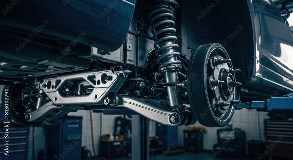 Fototapeta premium Elevated car suspension system in a repair shop