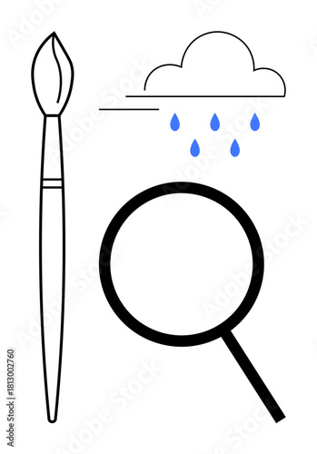 Paintbrush, falling raindrops under a cloud, and a magnifying glass illustrating art, environmental awareness, and curiosity. Ideal for creativity, nature, discovery, analysis imagination science