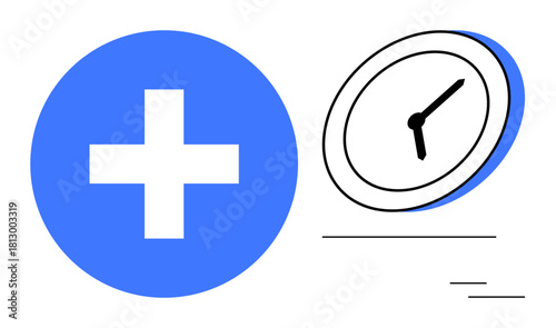 Medical cross alongside a clock symbolizing urgency, health, and scheduling. Ideal for time management, healthcare planning, wellness, productivity, emergency preparedness, medical efficiency simple